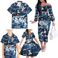 Blue Camouflage Pattern Family Matching Off The Shoulder Long Sleeve Dress and Hawaiian Shirt with Bowling Pins and Ball Graphic Design - Wonder Print Shop