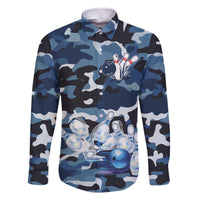Blue Camouflage Pattern Family Matching Off The Shoulder Long Sleeve Dress and Hawaiian Shirt with Bowling Pins and Ball Graphic Design - Wonder Print Shop