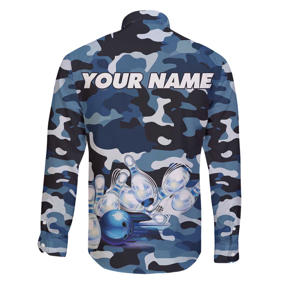 Blue Camouflage Pattern Family Matching Off The Shoulder Long Sleeve Dress and Hawaiian Shirt with Bowling Pins and Ball Graphic Design - Wonder Print Shop
