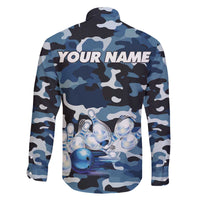 Blue Camouflage Pattern Family Matching Off The Shoulder Long Sleeve Dress and Hawaiian Shirt with Bowling Pins and Ball Graphic Design - Wonder Print Shop