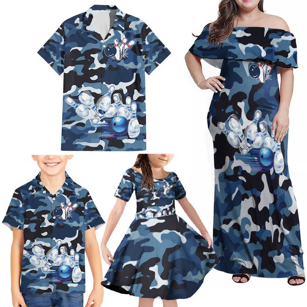Blue Camouflage Pattern Family Matching Off Shoulder Maxi Dress and Hawaiian Shirt with Bowling Pins and Ball Graphic Design - Wonder Print Shop