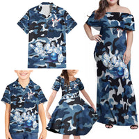 Blue Camouflage Pattern Family Matching Off Shoulder Maxi Dress and Hawaiian Shirt with Bowling Pins and Ball Graphic Design - Wonder Print Shop