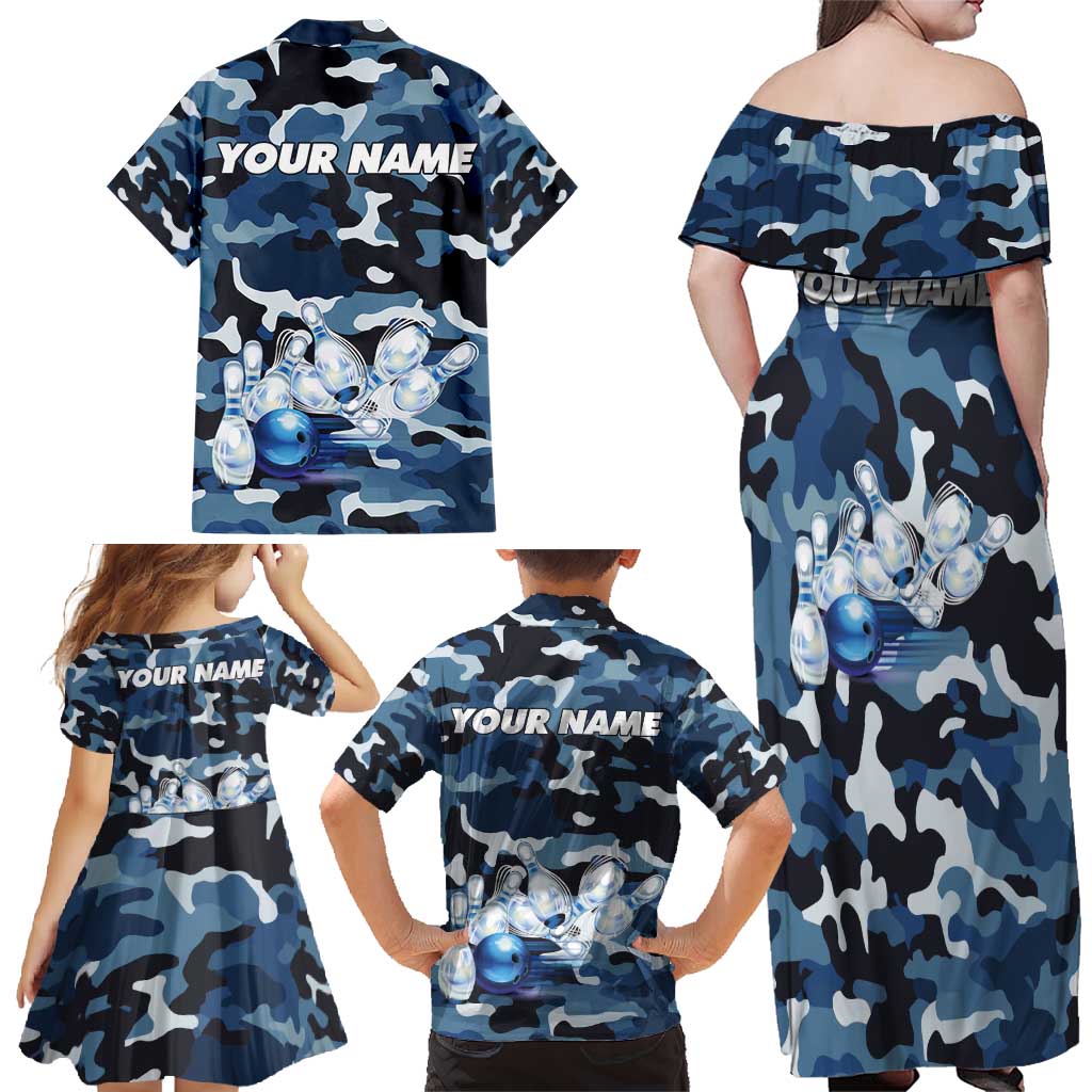 Blue Camouflage Pattern Family Matching Off Shoulder Maxi Dress and Hawaiian Shirt with Bowling Pins and Ball Graphic Design - Wonder Print Shop