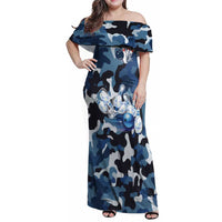 Blue Camouflage Pattern Family Matching Off Shoulder Maxi Dress and Hawaiian Shirt with Bowling Pins and Ball Graphic Design - Wonder Print Shop