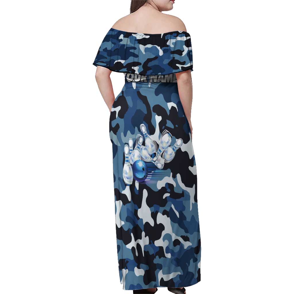 Blue Camouflage Pattern Family Matching Off Shoulder Maxi Dress and Hawaiian Shirt with Bowling Pins and Ball Graphic Design - Wonder Print Shop