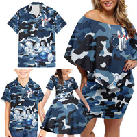 Blue Camouflage Pattern Family Matching Off Shoulder Short Dress and Hawaiian Shirt with Bowling Pins and Ball Graphic Design - Wonder Print Shop