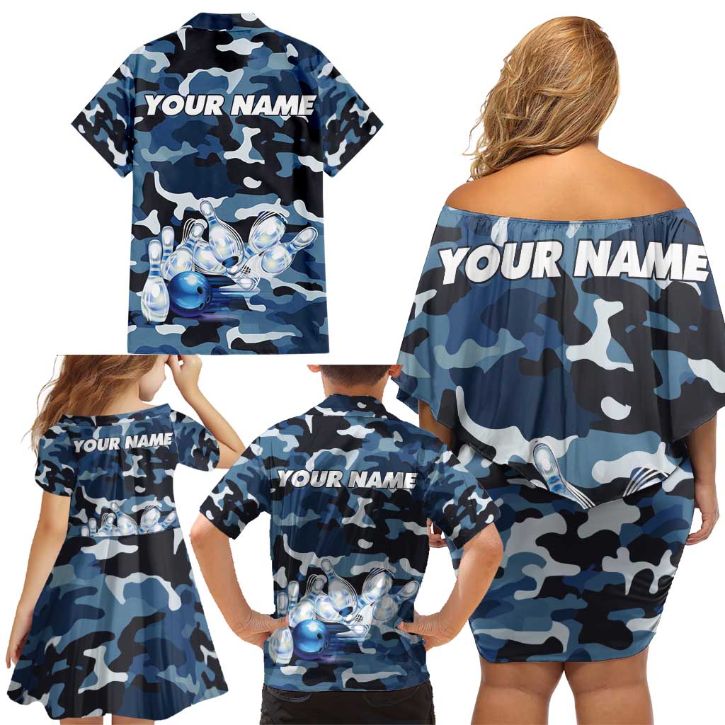 Blue Camouflage Pattern Family Matching Off Shoulder Short Dress and Hawaiian Shirt with Bowling Pins and Ball Graphic Design - Wonder Print Shop