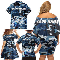 Blue Camouflage Pattern Family Matching Off Shoulder Short Dress and Hawaiian Shirt with Bowling Pins and Ball Graphic Design - Wonder Print Shop