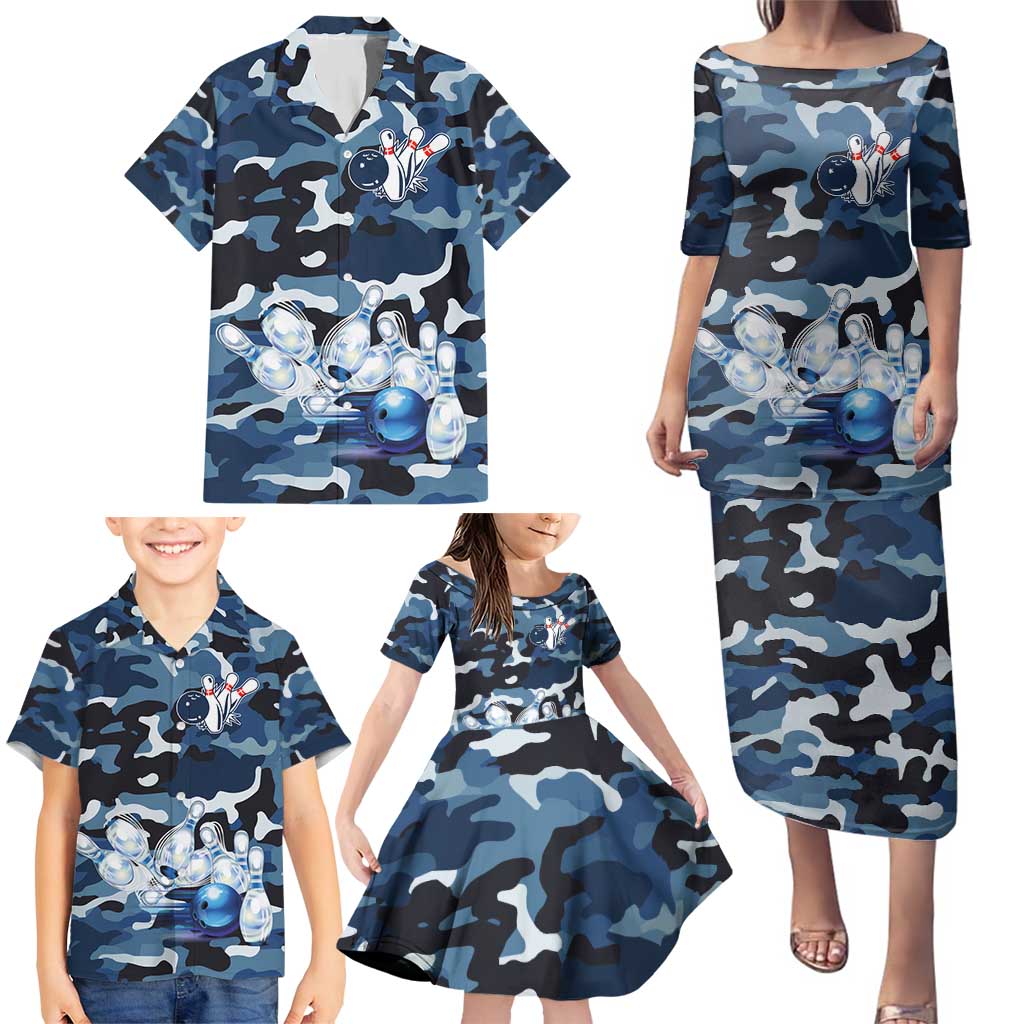 Blue Camouflage Pattern Family Matching Puletasi and Hawaiian Shirt with Bowling Pins and Ball Graphic Design - Wonder Print Shop