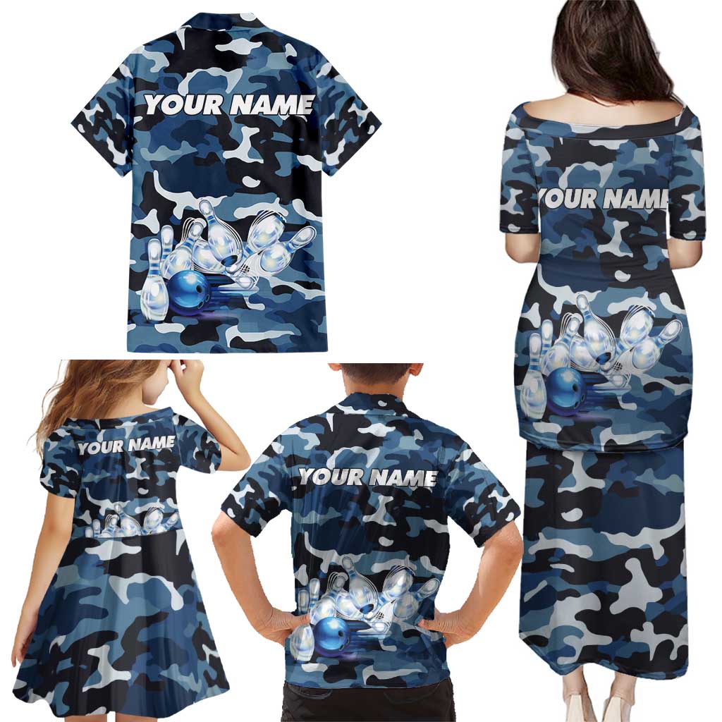 Blue Camouflage Pattern Family Matching Puletasi and Hawaiian Shirt with Bowling Pins and Ball Graphic Design - Wonder Print Shop