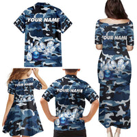 Blue Camouflage Pattern Family Matching Puletasi and Hawaiian Shirt with Bowling Pins and Ball Graphic Design - Wonder Print Shop