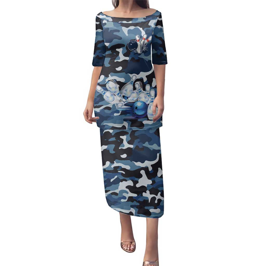 Blue Camouflage Pattern Family Matching Puletasi and Hawaiian Shirt with Bowling Pins and Ball Graphic Design - Wonder Print Shop