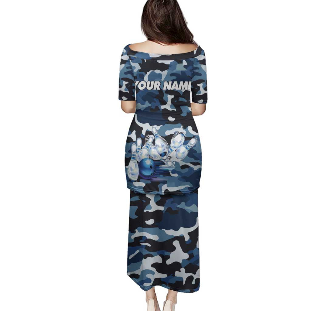 Blue Camouflage Pattern Family Matching Puletasi and Hawaiian Shirt with Bowling Pins and Ball Graphic Design - Wonder Print Shop