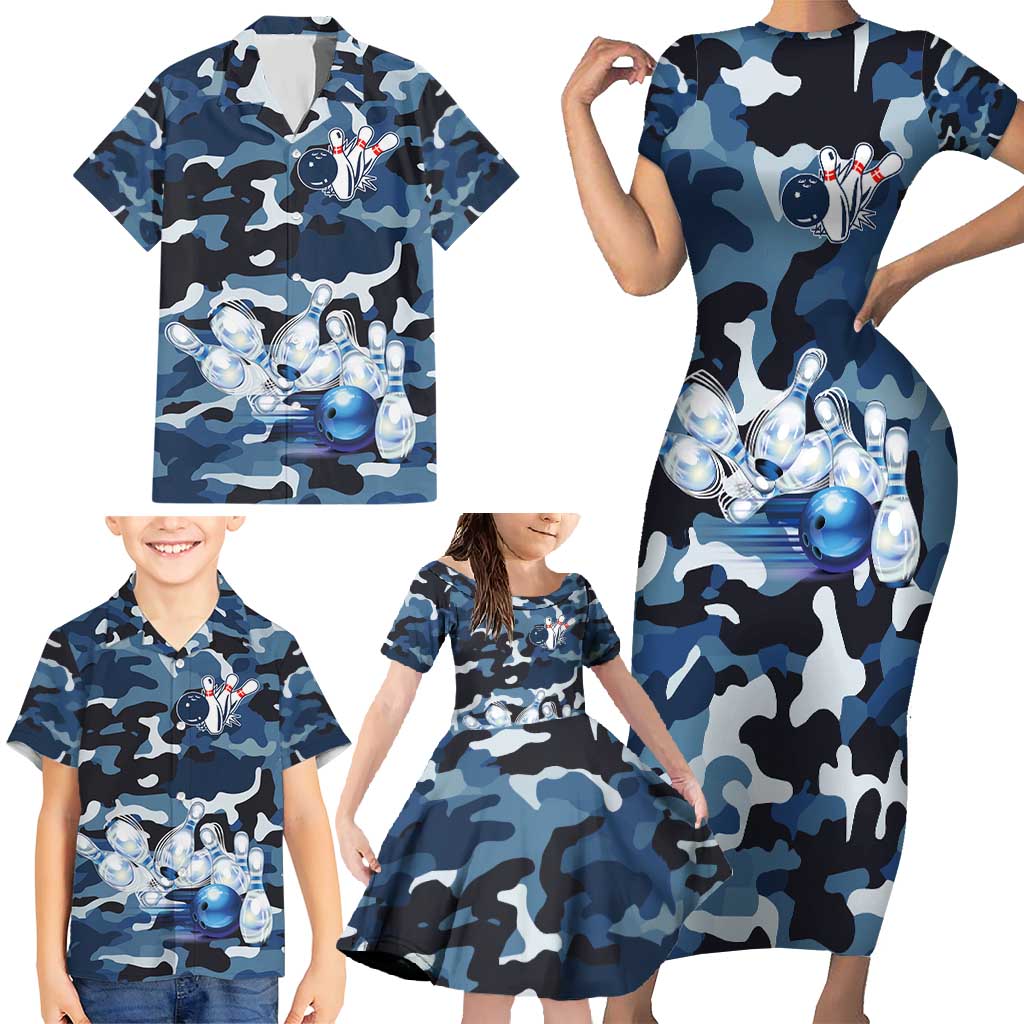 Blue Camouflage Pattern Family Matching Short Sleeve Bodycon Dress and Hawaiian Shirt with Bowling Pins and Ball Graphic Design - Wonder Print Shop