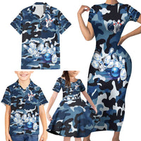 Blue Camouflage Pattern Family Matching Short Sleeve Bodycon Dress and Hawaiian Shirt with Bowling Pins and Ball Graphic Design - Wonder Print Shop