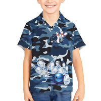 Blue Camouflage Pattern Family Matching Short Sleeve Bodycon Dress and Hawaiian Shirt with Bowling Pins and Ball Graphic Design - Wonder Print Shop