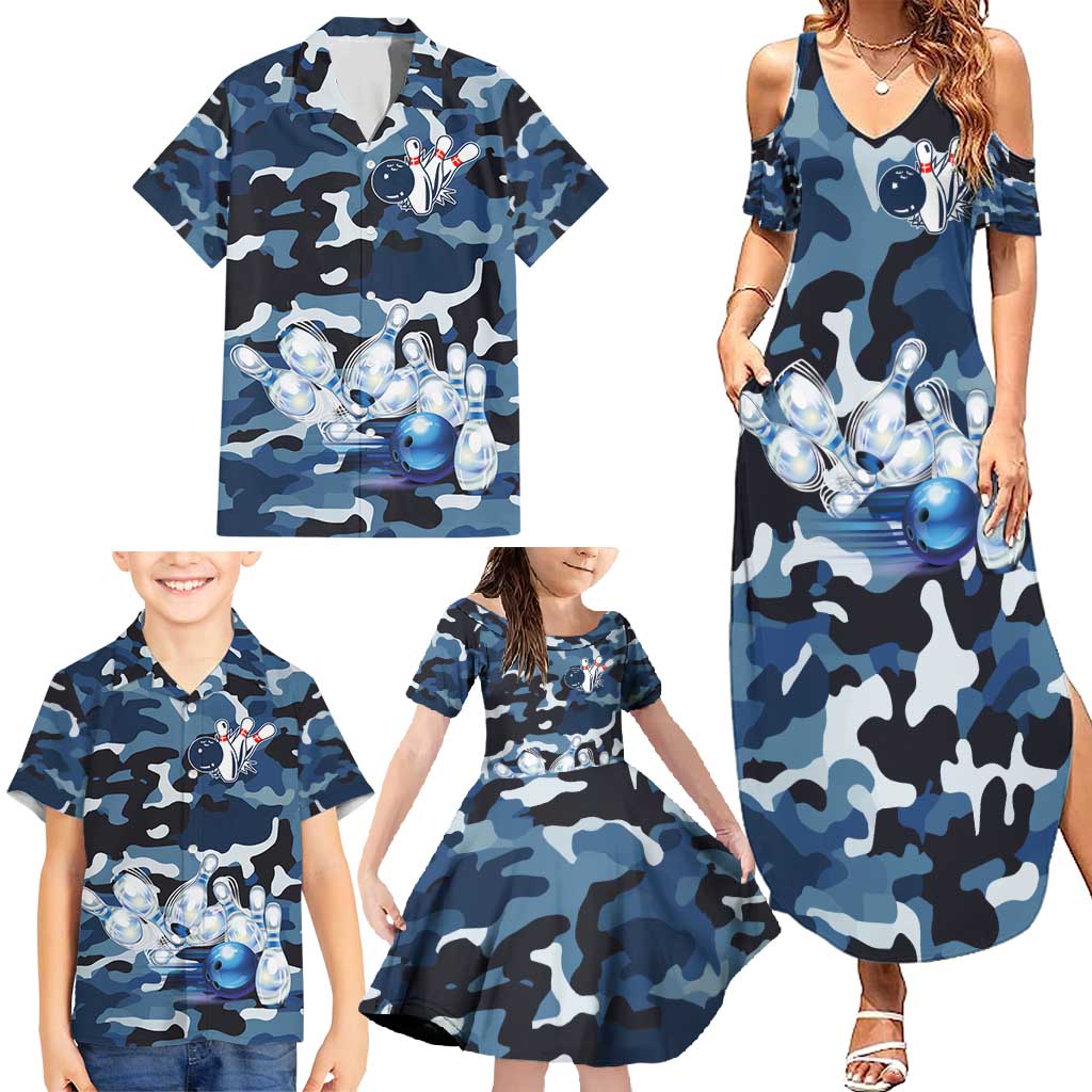 Blue Camouflage Pattern Family Matching Summer Maxi Dress and Hawaiian Shirt with Bowling Pins and Ball Graphic Design - Wonder Print Shop