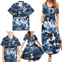 Blue Camouflage Pattern Family Matching Summer Maxi Dress and Hawaiian Shirt with Bowling Pins and Ball Graphic Design - Wonder Print Shop