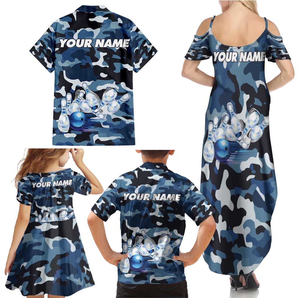 Blue Camouflage Pattern Family Matching Summer Maxi Dress and Hawaiian Shirt with Bowling Pins and Ball Graphic Design - Wonder Print Shop