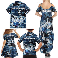 Blue Camouflage Pattern Family Matching Summer Maxi Dress and Hawaiian Shirt with Bowling Pins and Ball Graphic Design - Wonder Print Shop