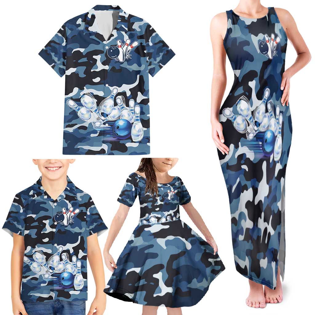 Blue Camouflage Pattern Family Matching Tank Maxi Dress and Hawaiian Shirt with Bowling Pins and Ball Graphic Design - Wonder Print Shop