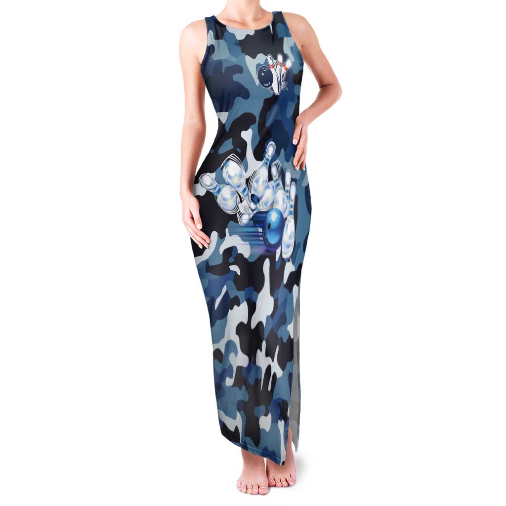Blue Camouflage Pattern Family Matching Tank Maxi Dress and Hawaiian Shirt with Bowling Pins and Ball Graphic Design - Wonder Print Shop