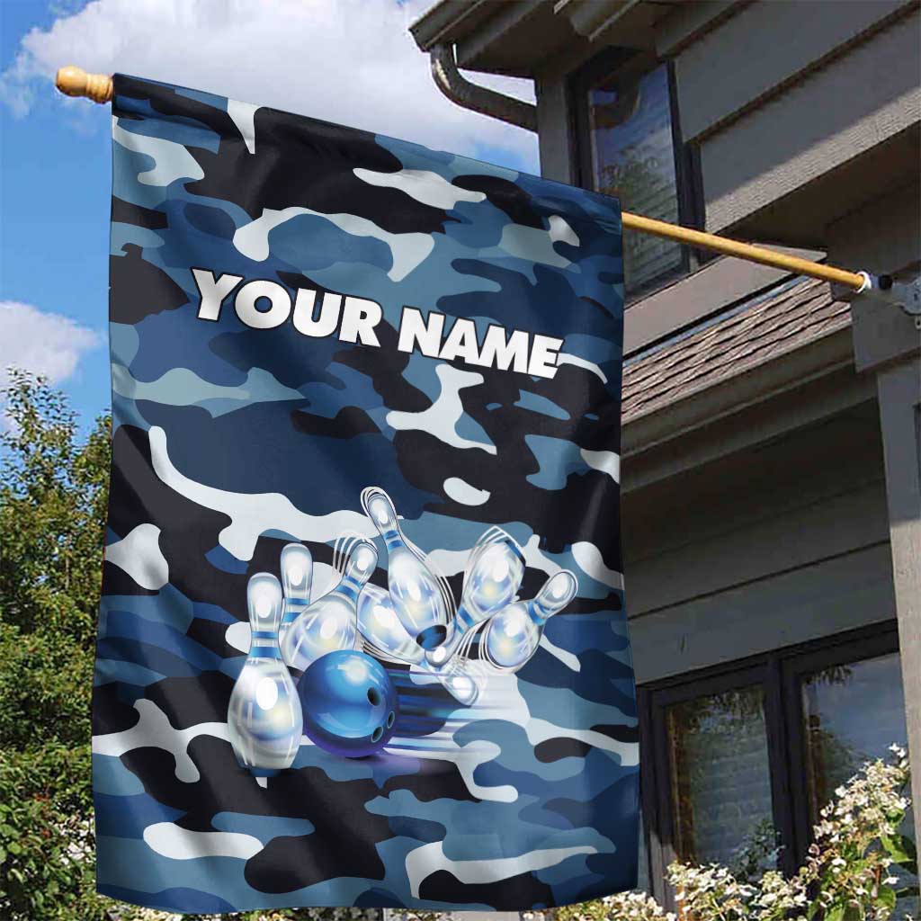 Blue Camouflage Pattern Garden Flag with Bowling Pins and Ball Graphic Design - Wonder Print Shop