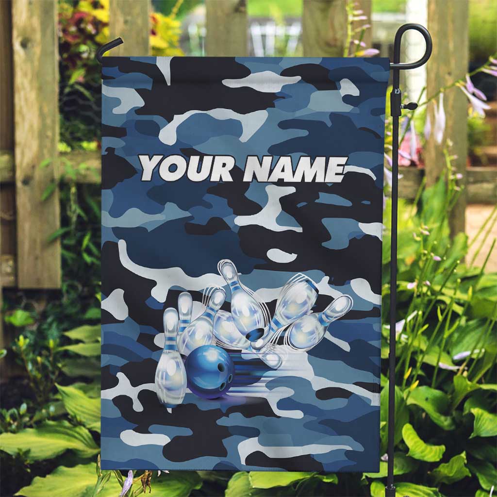 Blue Camouflage Pattern Garden Flag with Bowling Pins and Ball Graphic Design - Wonder Print Shop