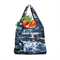 Blue Camouflage Pattern Grocery Bag with Bowling Pins and Ball Graphic Design - Wonder Print Shop