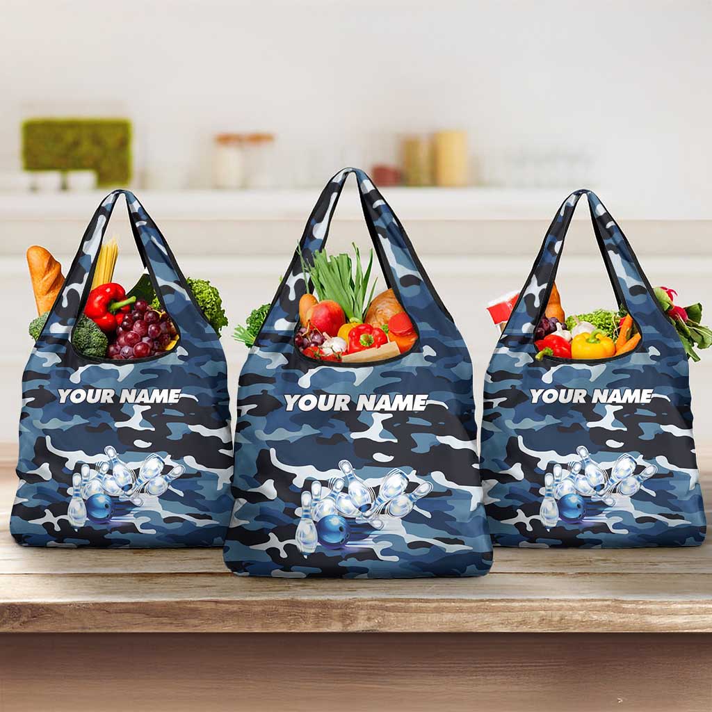 Blue Camouflage Pattern Grocery Bag with Bowling Pins and Ball Graphic Design - Wonder Print Shop