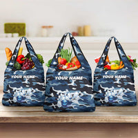 Blue Camouflage Pattern Grocery Bag with Bowling Pins and Ball Graphic Design - Wonder Print Shop