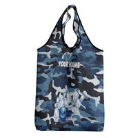 Blue Camouflage Pattern Grocery Bag with Bowling Pins and Ball Graphic Design - Wonder Print Shop