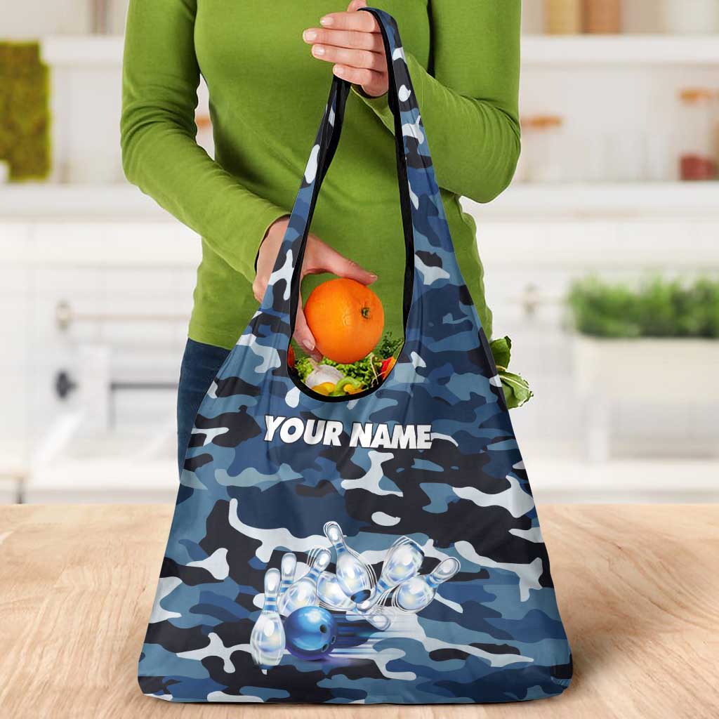 Blue Camouflage Pattern Grocery Bag with Bowling Pins and Ball Graphic Design - Wonder Print Shop