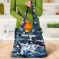 Blue Camouflage Pattern Grocery Bag with Bowling Pins and Ball Graphic Design - Wonder Print Shop