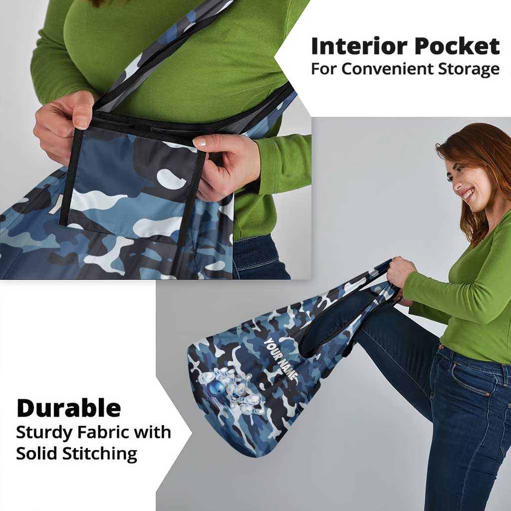 Blue Camouflage Pattern Grocery Bag with Bowling Pins and Ball Graphic Design - Wonder Print Shop