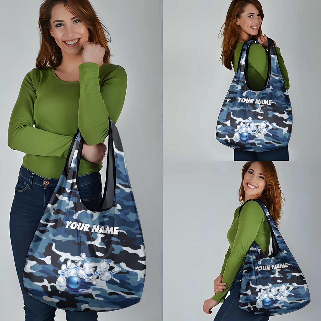 Blue Camouflage Pattern Grocery Bag with Bowling Pins and Ball Graphic Design - Wonder Print Shop