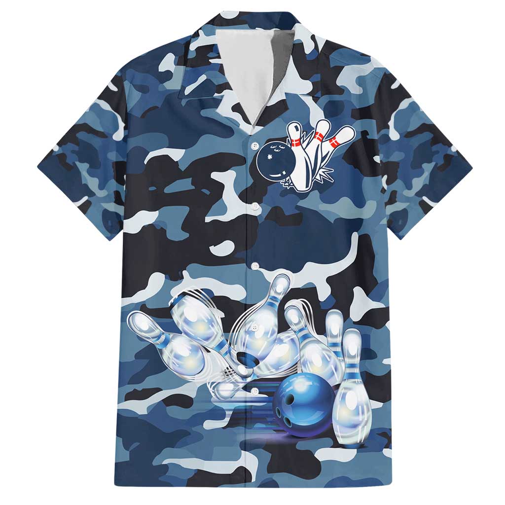 Blue Camouflage Pattern Hawaiian Shirt with Bowling Pins and Ball Graphic Design - Wonder Print Shop