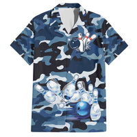 Blue Camouflage Pattern Hawaiian Shirt with Bowling Pins and Ball Graphic Design - Wonder Print Shop