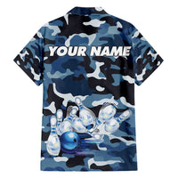 Blue Camouflage Pattern Hawaiian Shirt with Bowling Pins and Ball Graphic Design - Wonder Print Shop