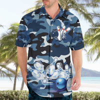 Blue Camouflage Pattern Hawaiian Shirt with Bowling Pins and Ball Graphic Design - Wonder Print Shop