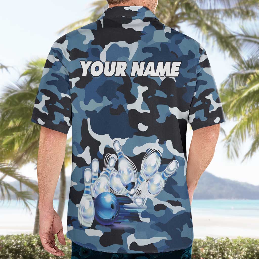 Blue Camouflage Pattern Hawaiian Shirt with Bowling Pins and Ball Graphic Design - Wonder Print Shop