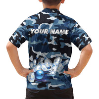 Blue Camouflage Pattern Hawaiian Shirt with Bowling Pins and Ball Graphic Design - Wonder Print Shop