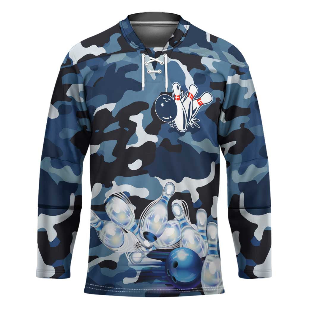 Blue Camouflage Pattern Hockey Jersey with Bowling Pins and Ball Graphic Design - Wonder Print Shop