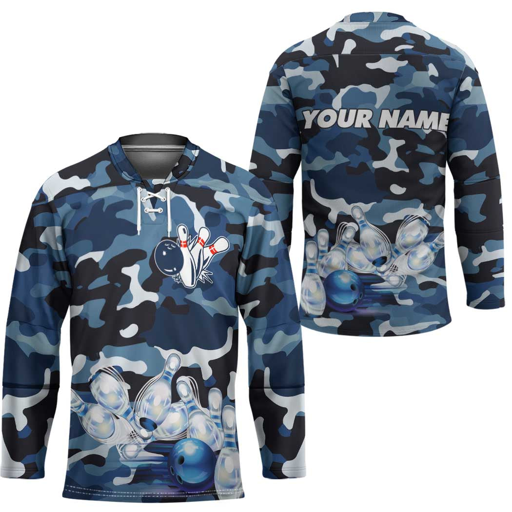 Blue Camouflage Pattern Hockey Jersey with Bowling Pins and Ball Graphic Design - Wonder Print Shop