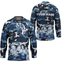 Blue Camouflage Pattern Hockey Jersey with Bowling Pins and Ball Graphic Design - Wonder Print Shop