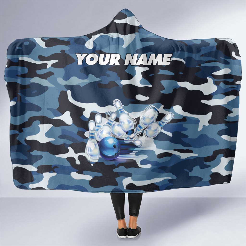 Blue Camouflage Pattern Hooded Blanket with Bowling Pins and Ball Graphic Design - Wonder Print Shop