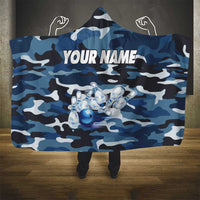 Blue Camouflage Pattern Hooded Blanket with Bowling Pins and Ball Graphic Design - Wonder Print Shop