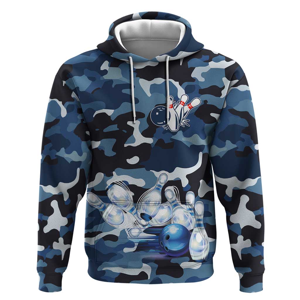 Blue Camouflage Pattern Hoodie with Bowling Pins and Ball Graphic Design - Wonder Print Shop