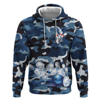 Blue Camouflage Pattern Hoodie with Bowling Pins and Ball Graphic Design - Wonder Print Shop