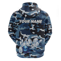 Blue Camouflage Pattern Hoodie with Bowling Pins and Ball Graphic Design - Wonder Print Shop